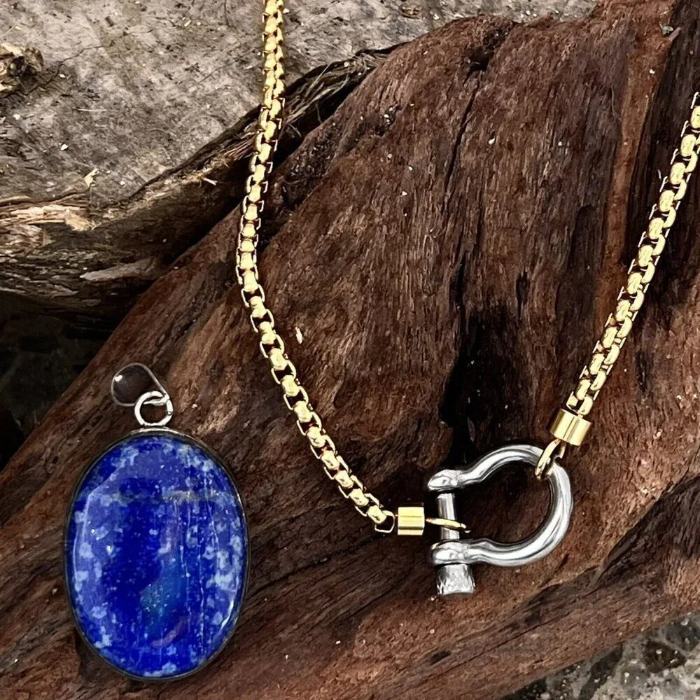18K Gold Plated Carabiner Screw Lock Necklace Stainless Steel Womens Jewelry